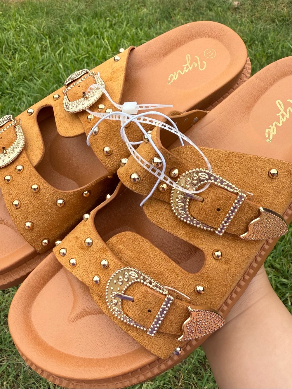 Women’s Tan Suede Studded Western Slide Sandals with Decorative Buckles